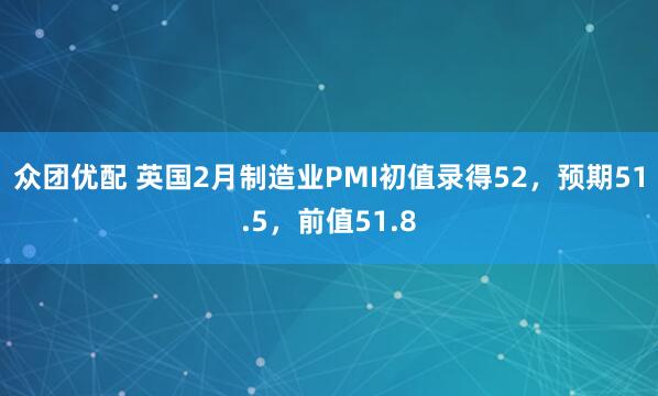 众团优配 英国2月制造业PMI初值录得52，预期51.5，前值51.8
